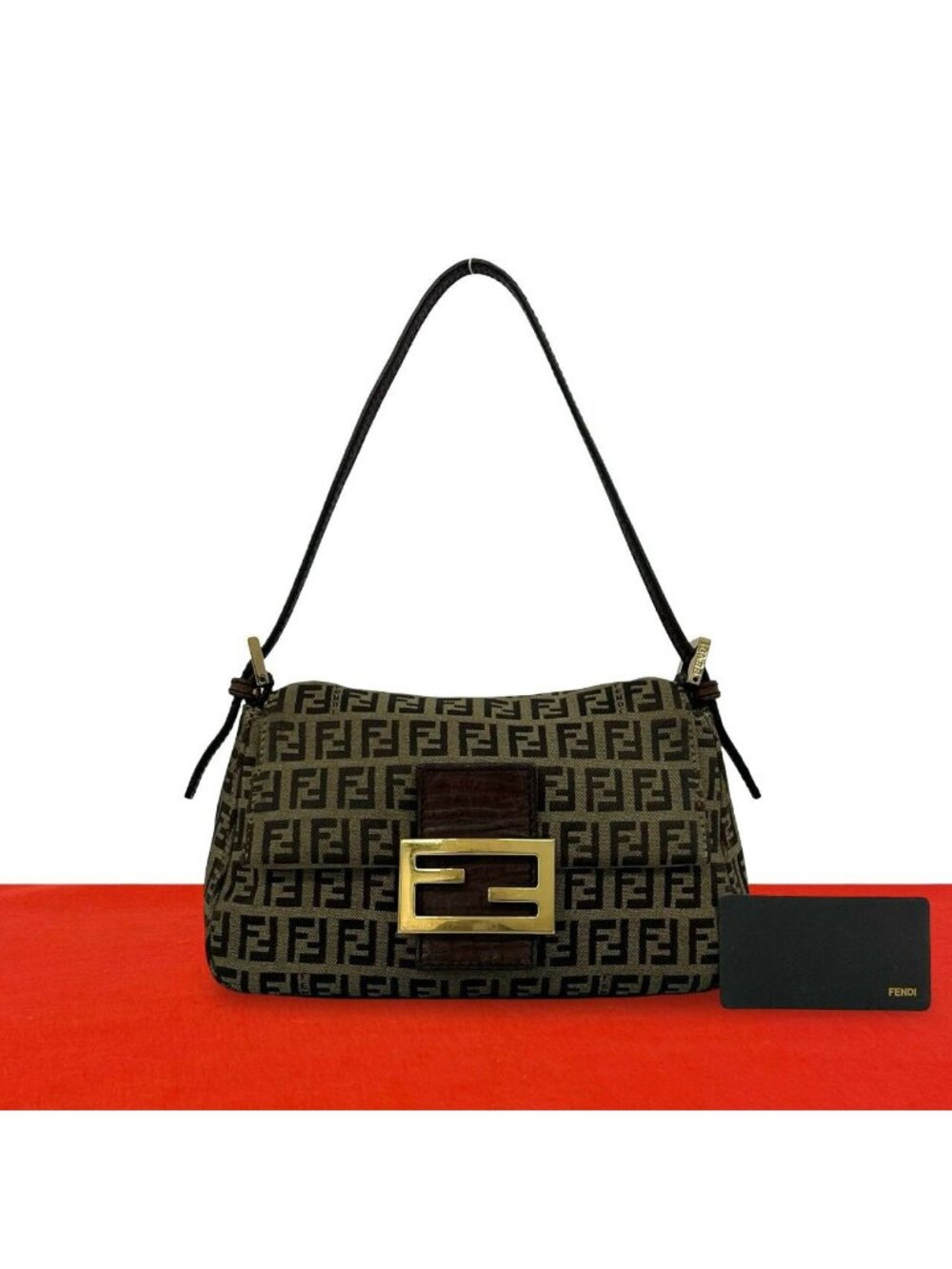 Fendi Vintage Zucchino FF Pattern Canvas Leather Shoulder Bag Brown